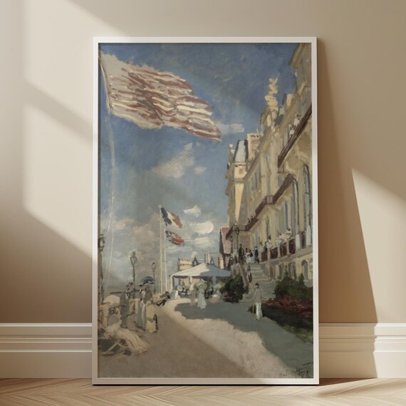 Impressionist Seaside Hotel Promenade French Flags Vintage Painting Poster