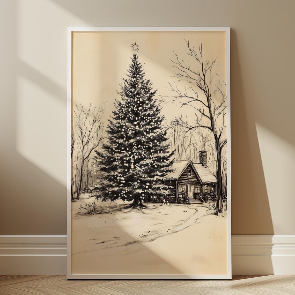 Vintage Sepia Pencil Sketch Snowy Evergreen Cabin Winter Art Poster