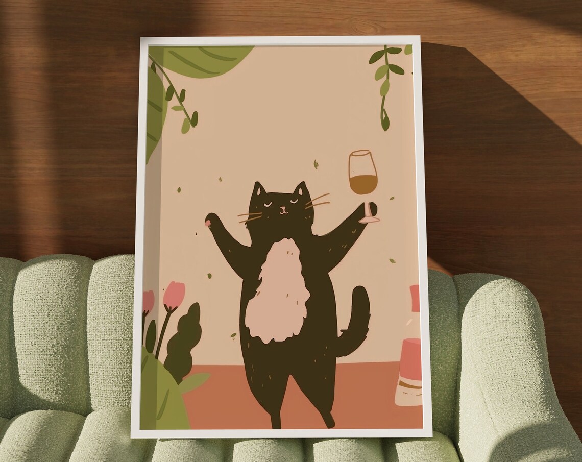 Raising Cheers Black Cat Wine Glass Cute Hand Drawn Kitten Poster