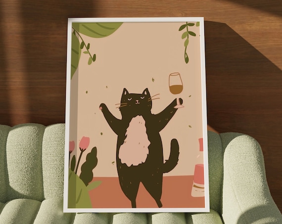 Raising Cheers Black Cat Wine Glass Cute Hand Drawn Kitten Poster