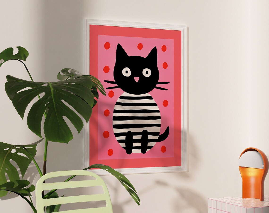 Black Cat Striped Body Pink Dots Whimsical Cute Kitty Art Poster