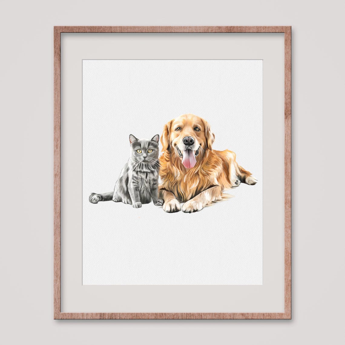 Golden Retriever and Gray Cat Custom Watercolor Pet Portrait Poster
