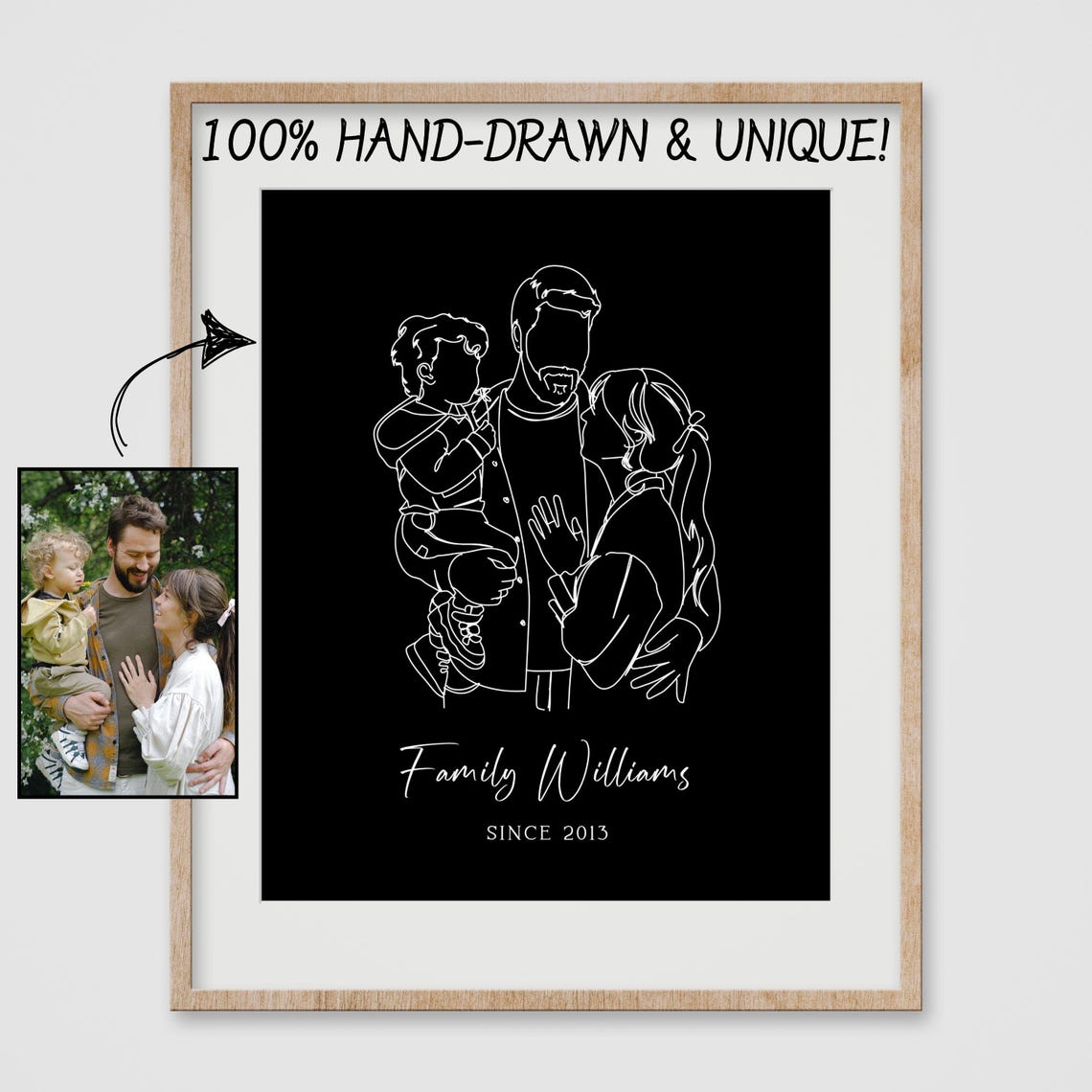 Black Line Art Family of Three Portrait Poster Custom Name Gift - Image 3