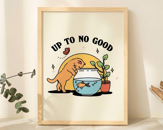 Framed Kitten And Fish Bowl Print Up To No Good Poster Nursery Kids Room Prints Gallery Wall White Black Natural Wooden Frame