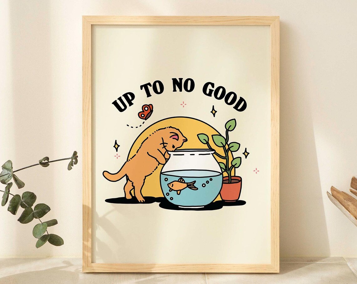 Up to No Good Retro Kitten Fishbowl Funny Cat Wholesome Cottagecore Poster