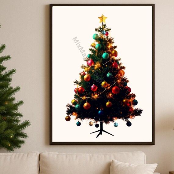 Colorful Christmas Tree Poster Festive Ornaments Star Topper Art