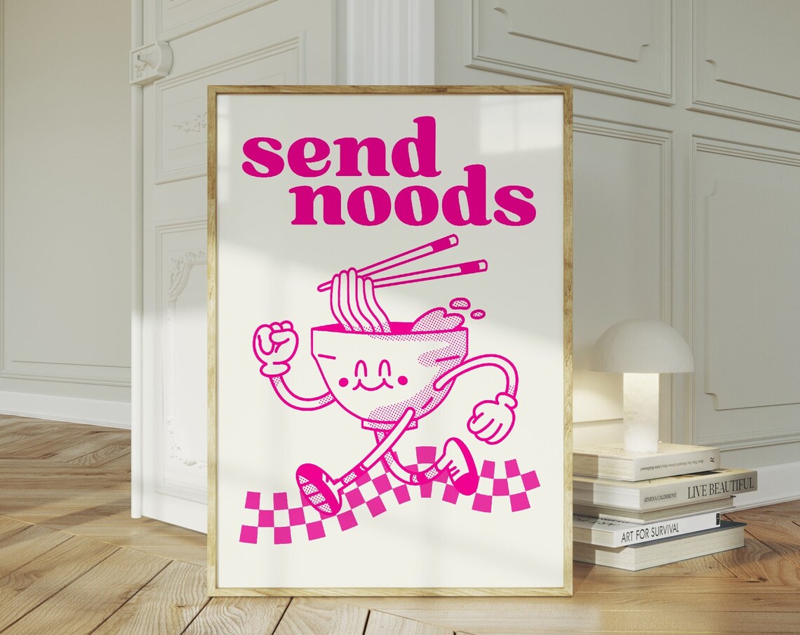 Send Noods Pink Noodle Bowl Mascot Trendy Maximalist Kitchen Art Print