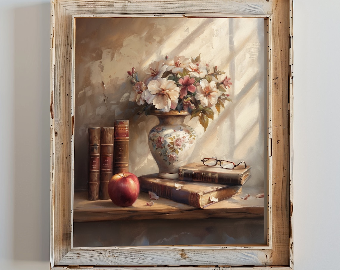 Vintage Floral Still Life Oil Painting Art Print Books Apple Glasses