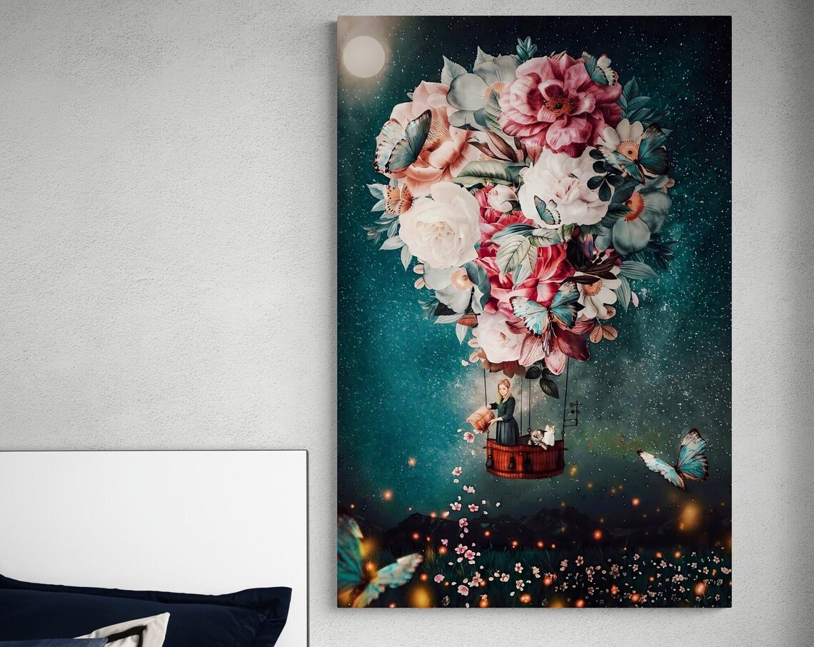 Floral Hot Air Balloon Surreal Flower Sky Dreamy Pastel Wall Art - Image 3