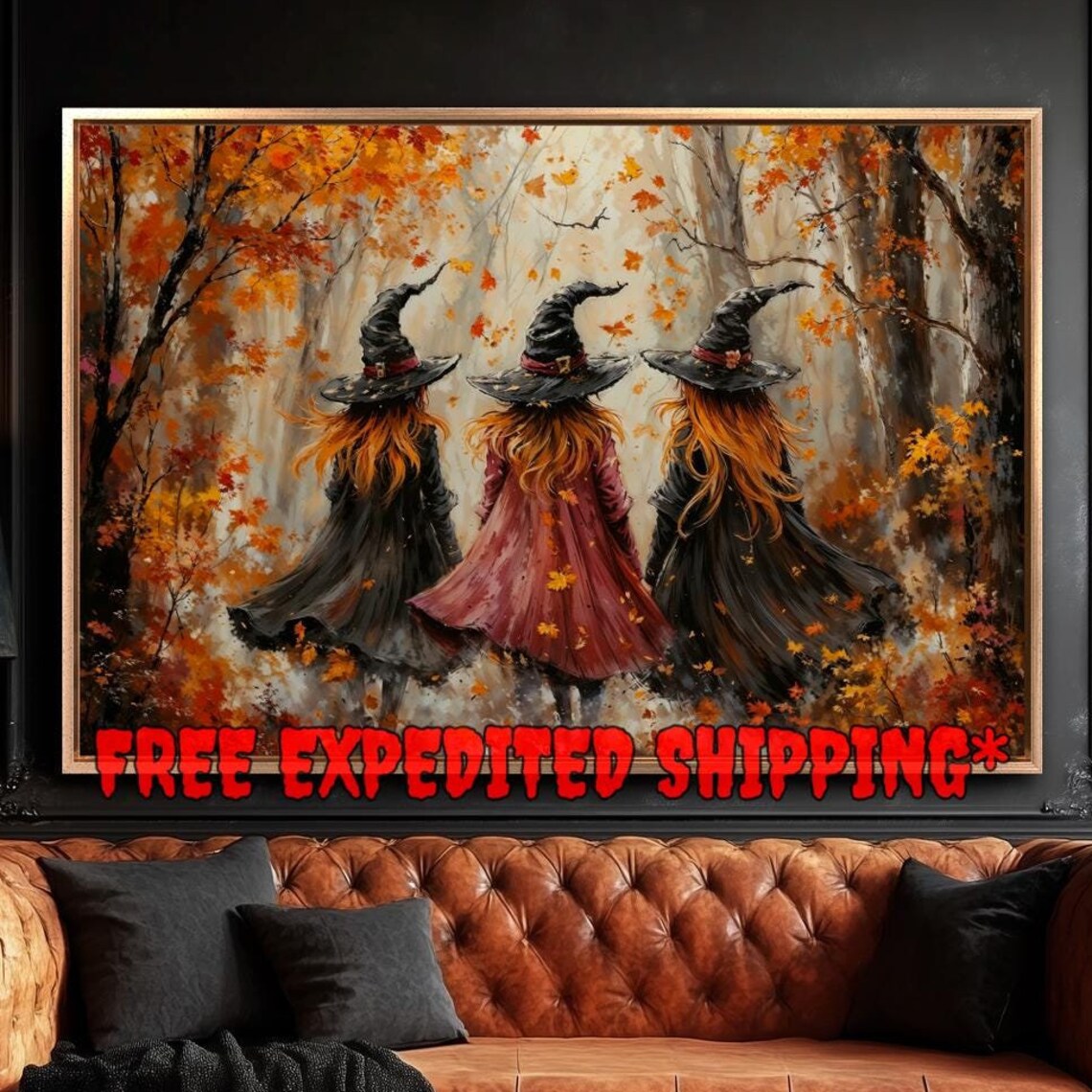 Three Witches Walking Autumn Forest Orange Leaves Witchy Halloween Wall Poster
