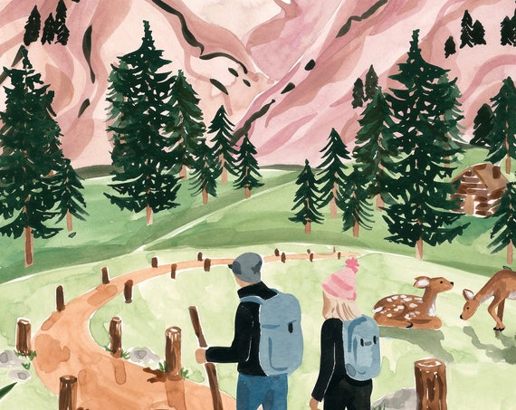 Hiking In The Mountains Watercolor Travel Poster