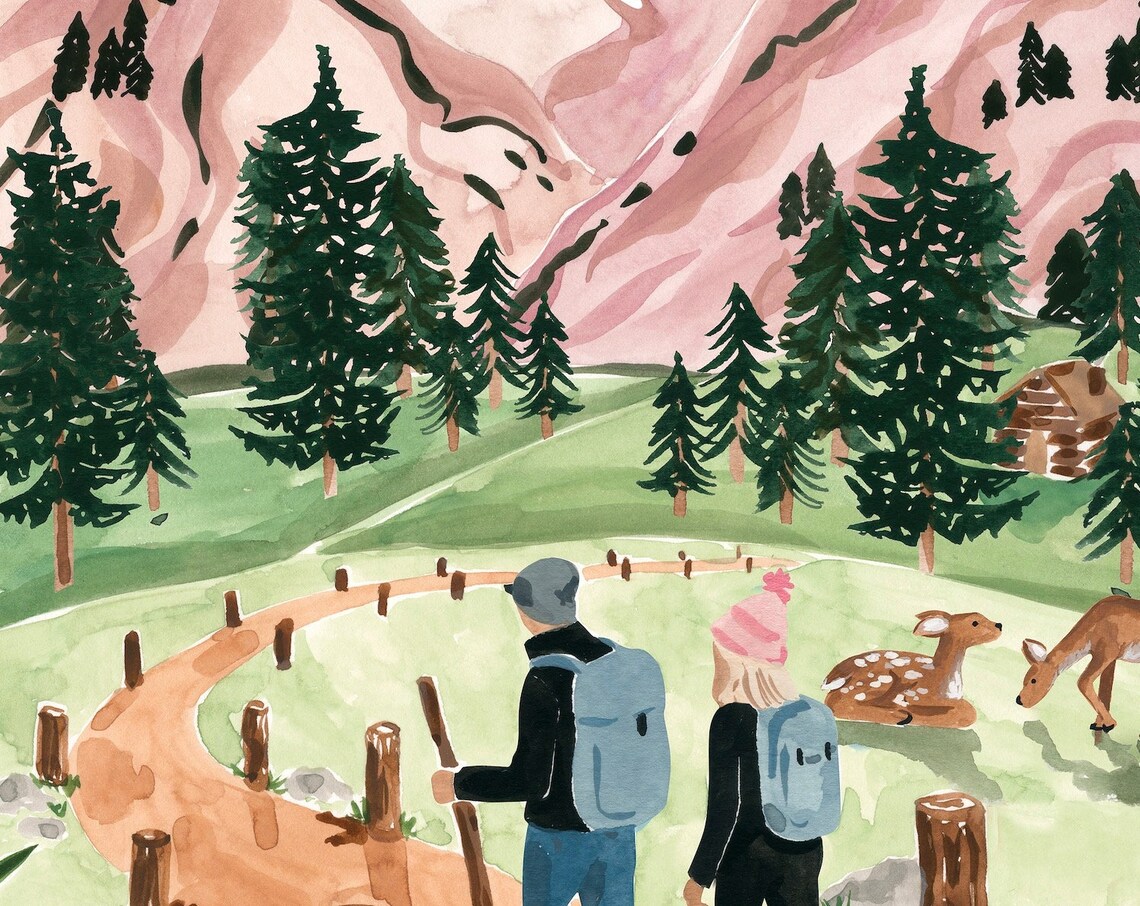 Hiking In The Mountains Watercolor Travel Poster