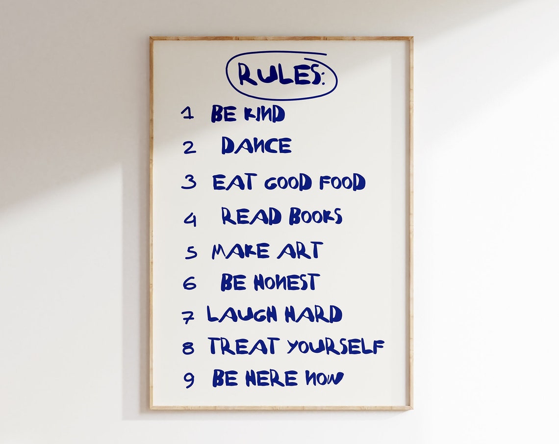 Nine House Rules List Blue Handwritten Typography Quote Poster
