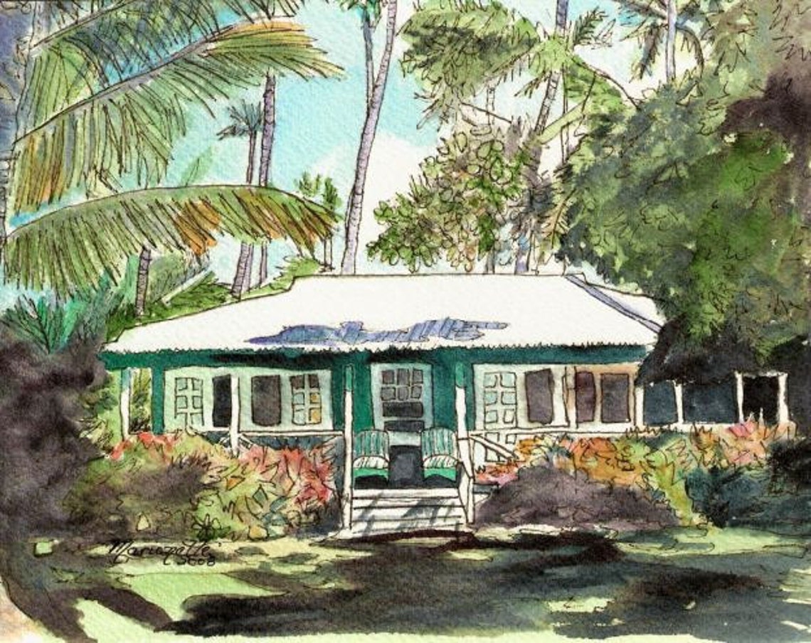 Kauai Cottage Art Kauai Print Waimea Cottages Hawaii Art Hawaii Painting Green House Green Cottage Old Plantation Cottage Hawaiian