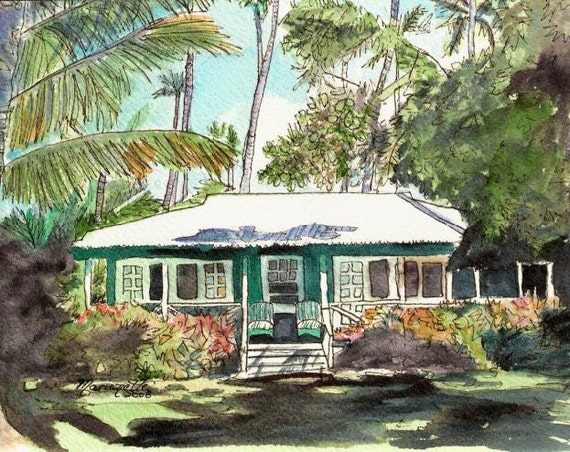 Kauai Cottage Art Kauai Print Waimea Cottages Hawaii Art Hawaii Painting Green House Green Cottage Old Plantation Cottage Hawaiian