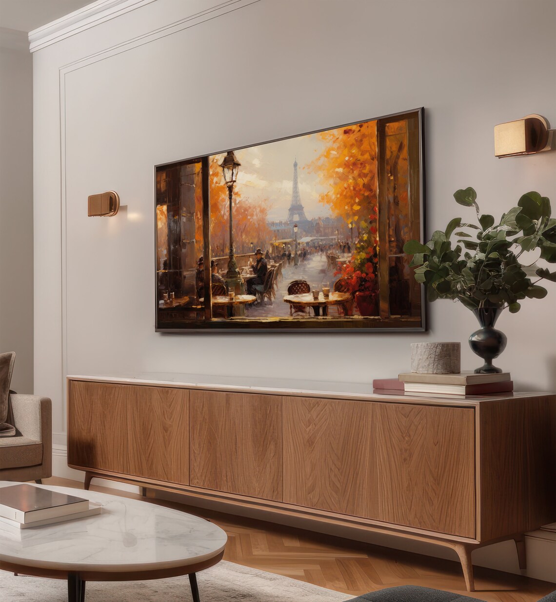 Paris Cafe With Eiffel Tower View Autumn Street Scene Poster - Image 2