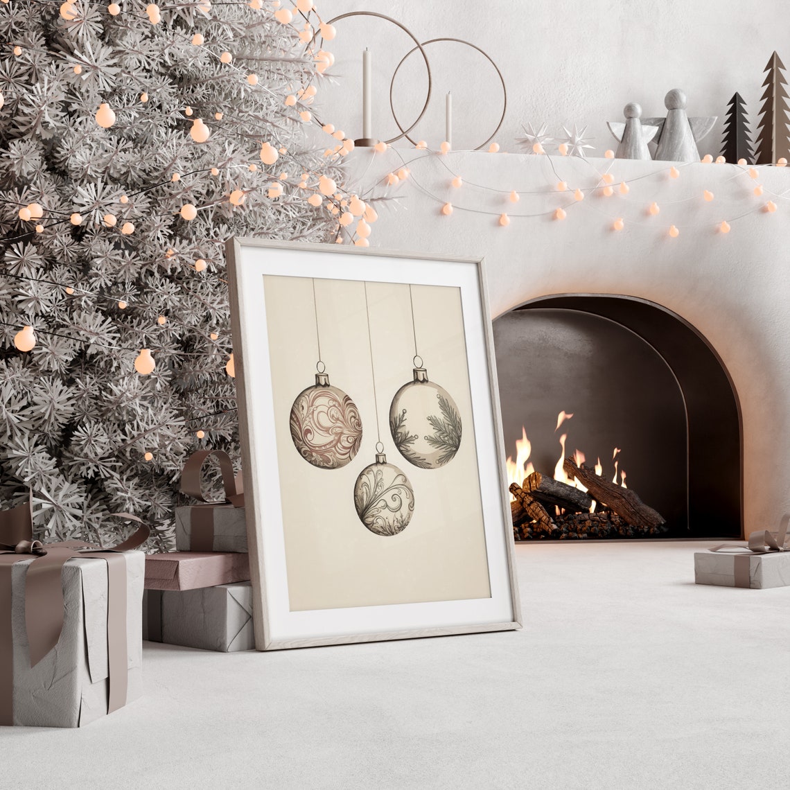 Three Hanging Vintage Christmas Ornaments Sepia Illustration Poster - Image 4