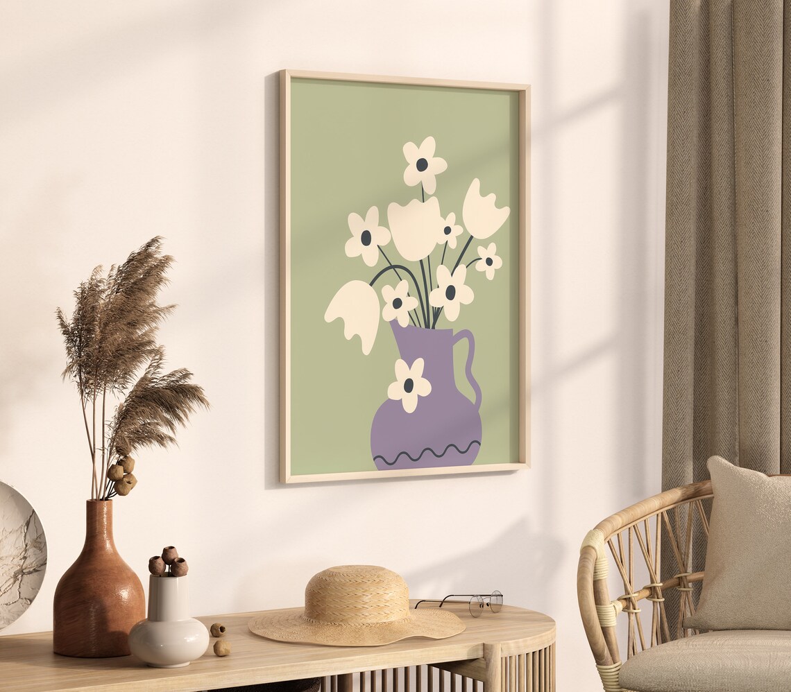 Lavender Purple Vase With Cream Flowers Boho Floral Art Poster - Image 3