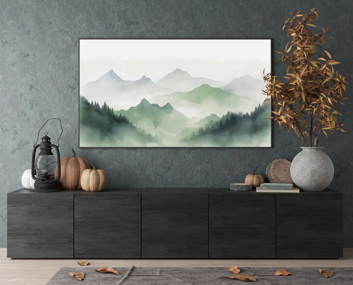 Soft Green Watercolor Mountain Peaks Misty Forest Landscape Poster - Image 3