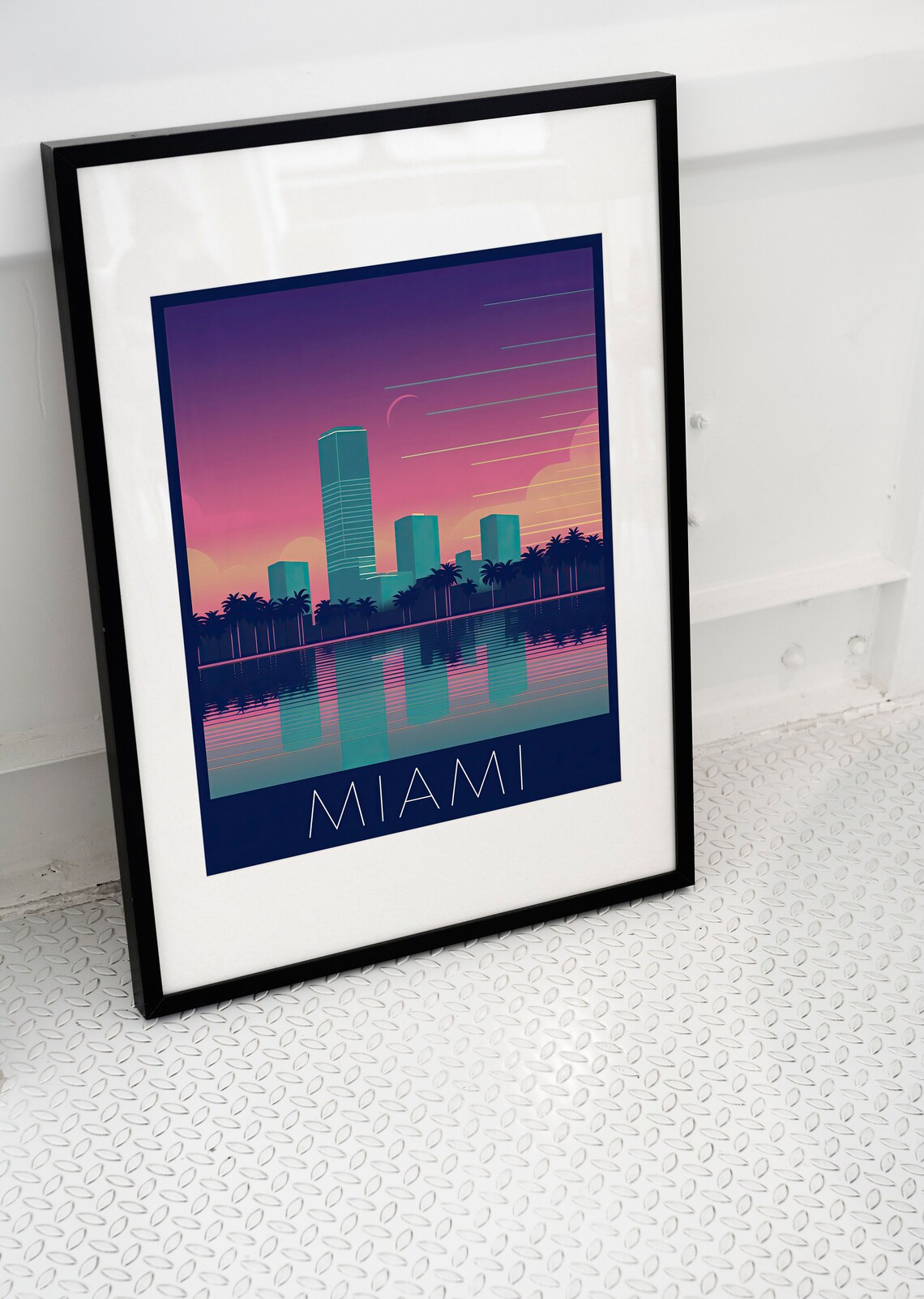 Miami Florida Retro Neon Sunset Skyline Palms Wave Travel Poster - Image 2