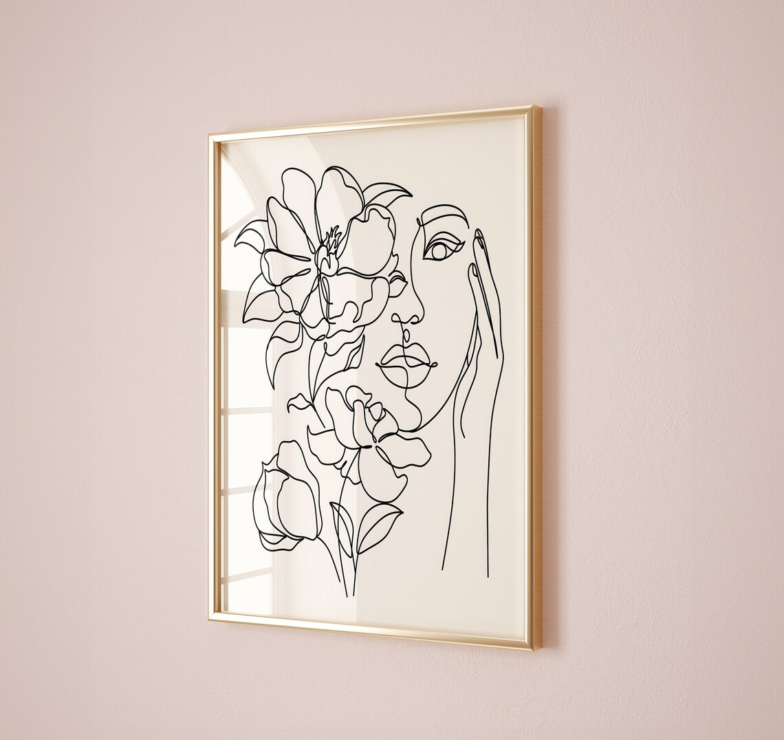 Woman Face Line Art With Large Flowers Minimalist Abstract Poster - Image 2