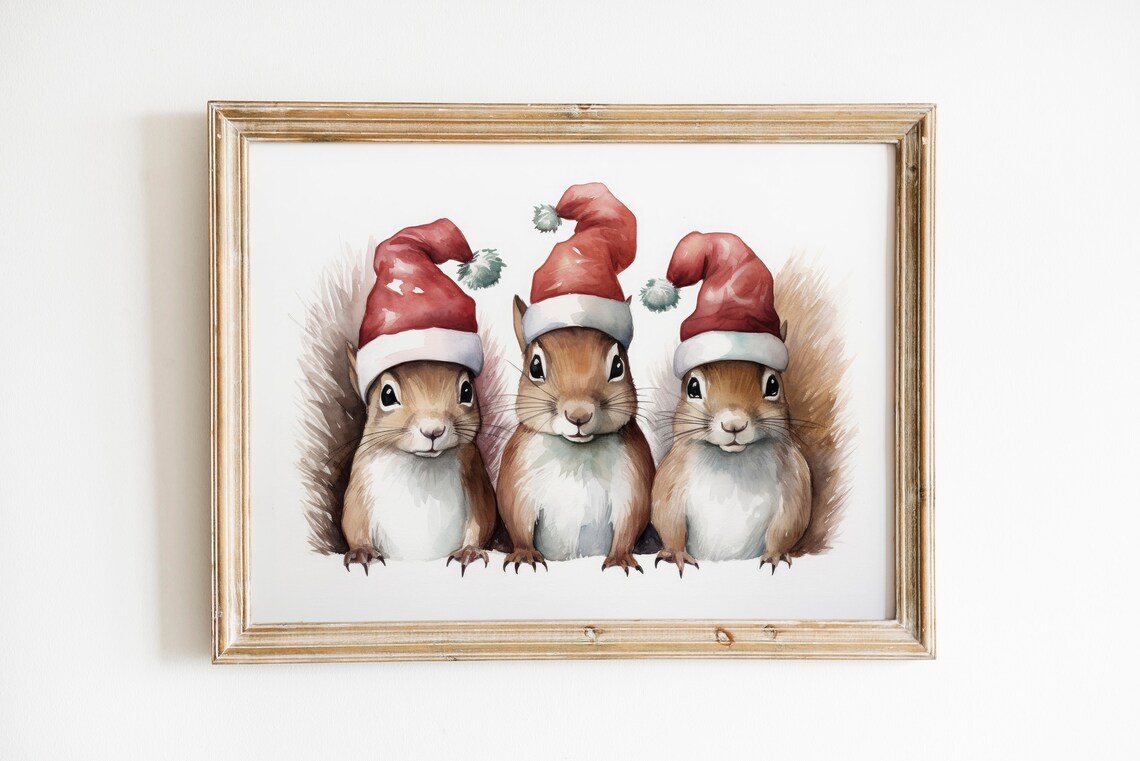 Three Christmas Squirrels Santa Hat Watercolor Holiday Poster - Image 2