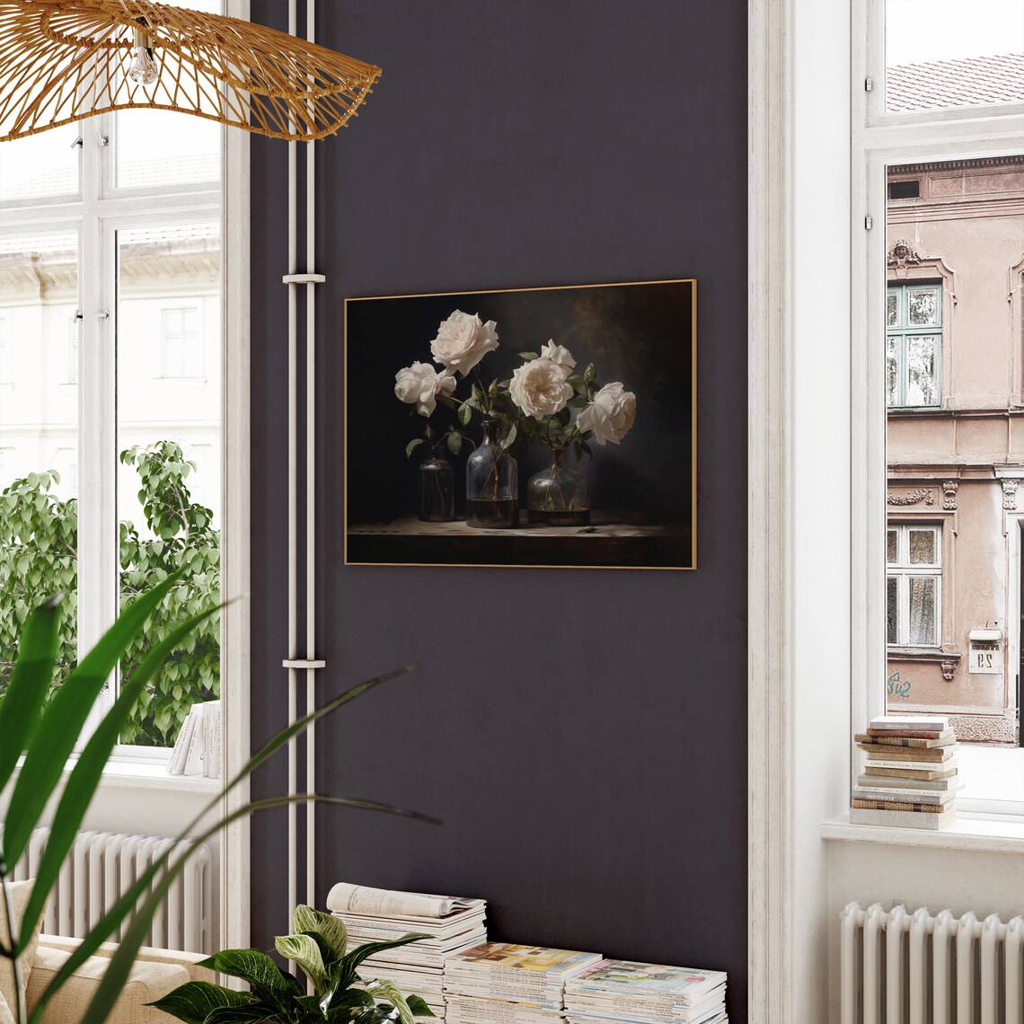 White Roses Dark Moody Floral Still Life Oil Painting Poster - Image 2