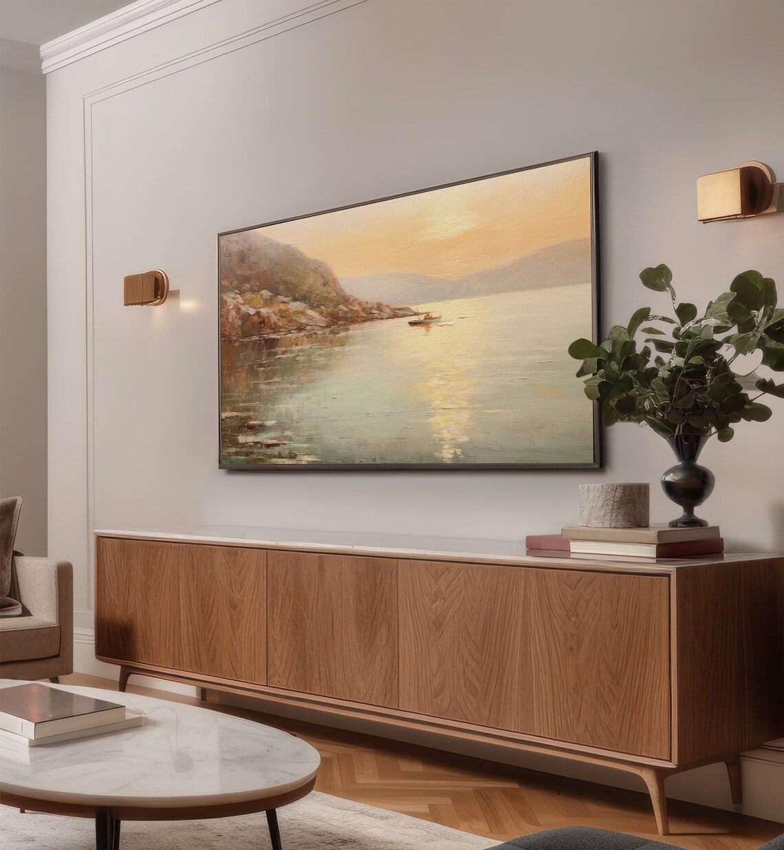 Golden Sunset Seascape Fishing Boat Rocky Cliff Ocean Painting Wall Art - Image 2