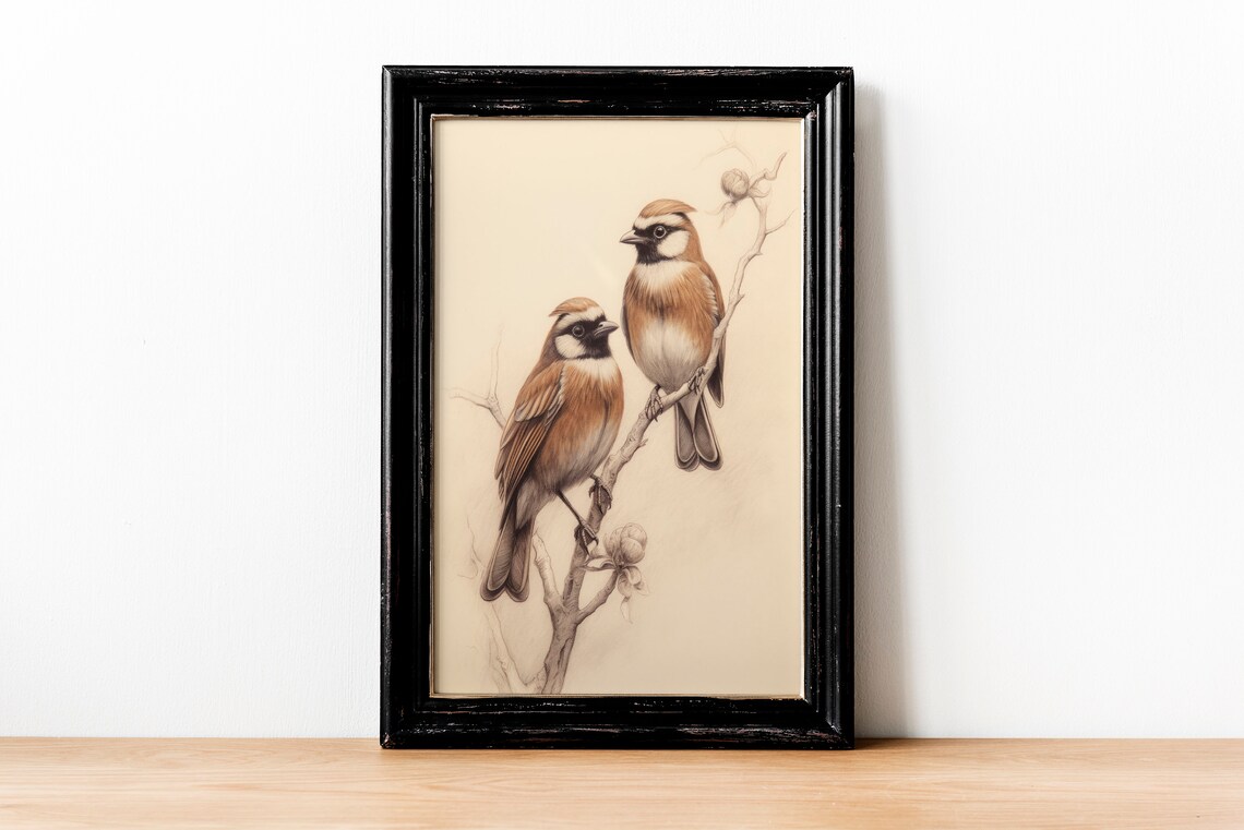 Two Crested Songbirds on Branch Vintage Sepia Illustration Poster - Image 2