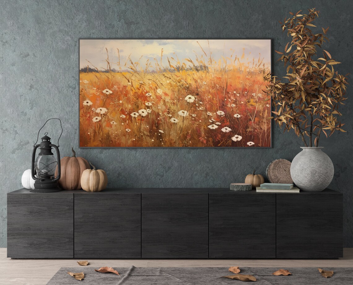 White Wildflowers in Burnt Orange Field Impressionist Poster - Image 3
