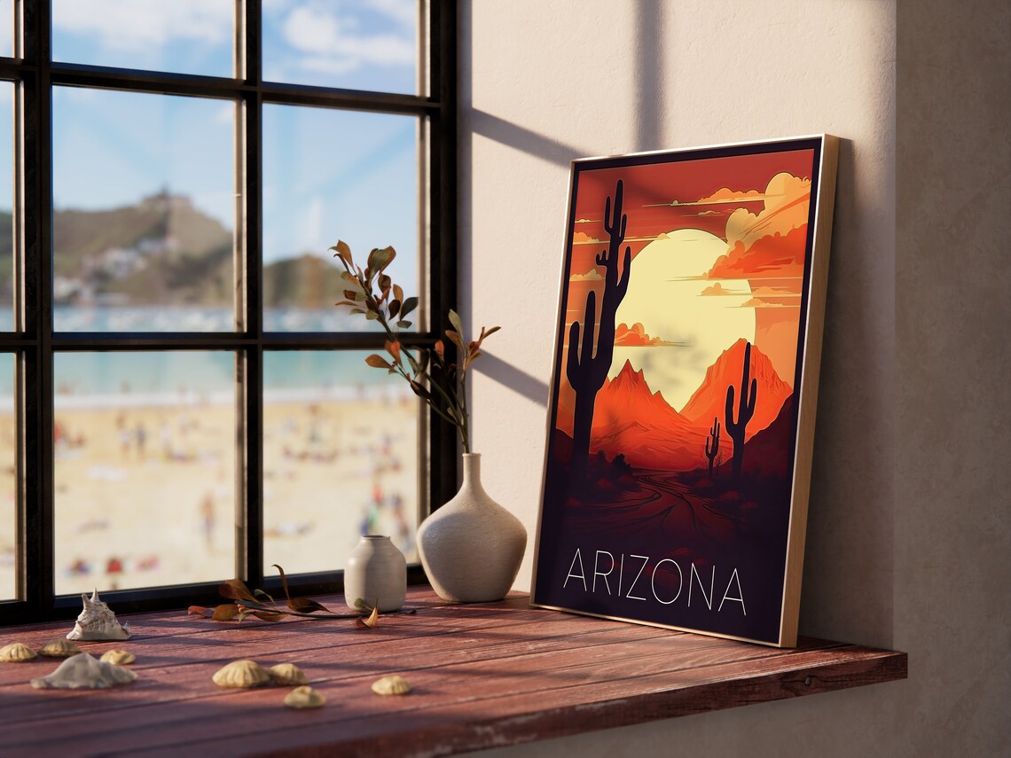 Arizona Desert Retro Sunset Saguaro Cactus Road Travel Poster - Image 3