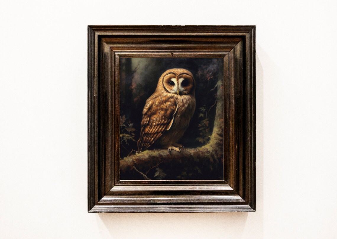 Tawny Owl on Mossy Branch Dark Vintage Wildlife Painting Poster - Image 2