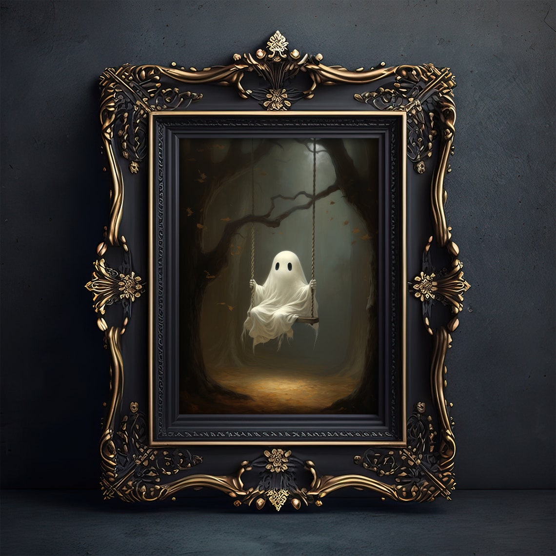 Cute Ghost on Swing in Haunted Autumn Forest Halloween Poster - Image 4