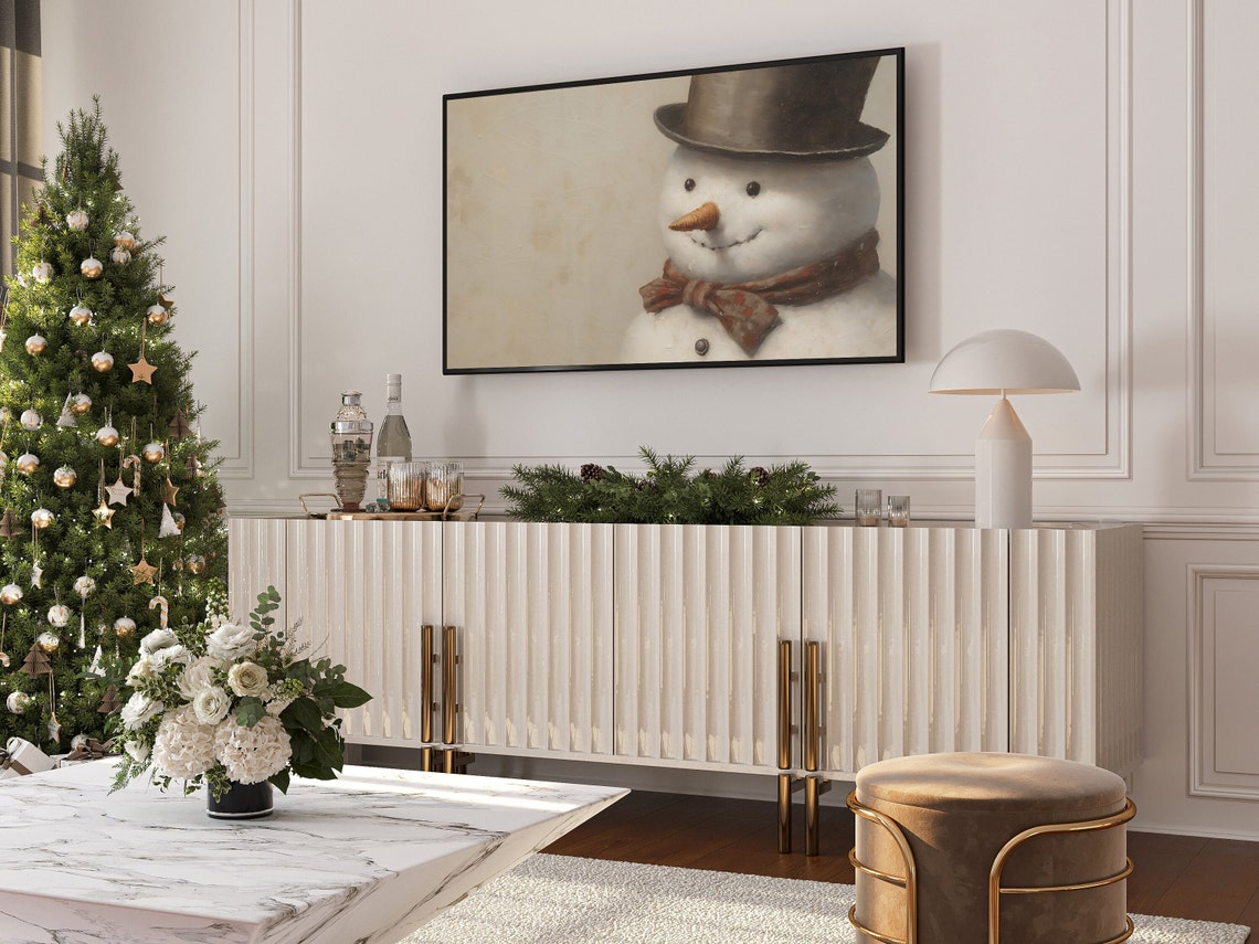 Smiling Snowman with Top Hat and Bow Tie Vintage Style Art Poster - Image 4