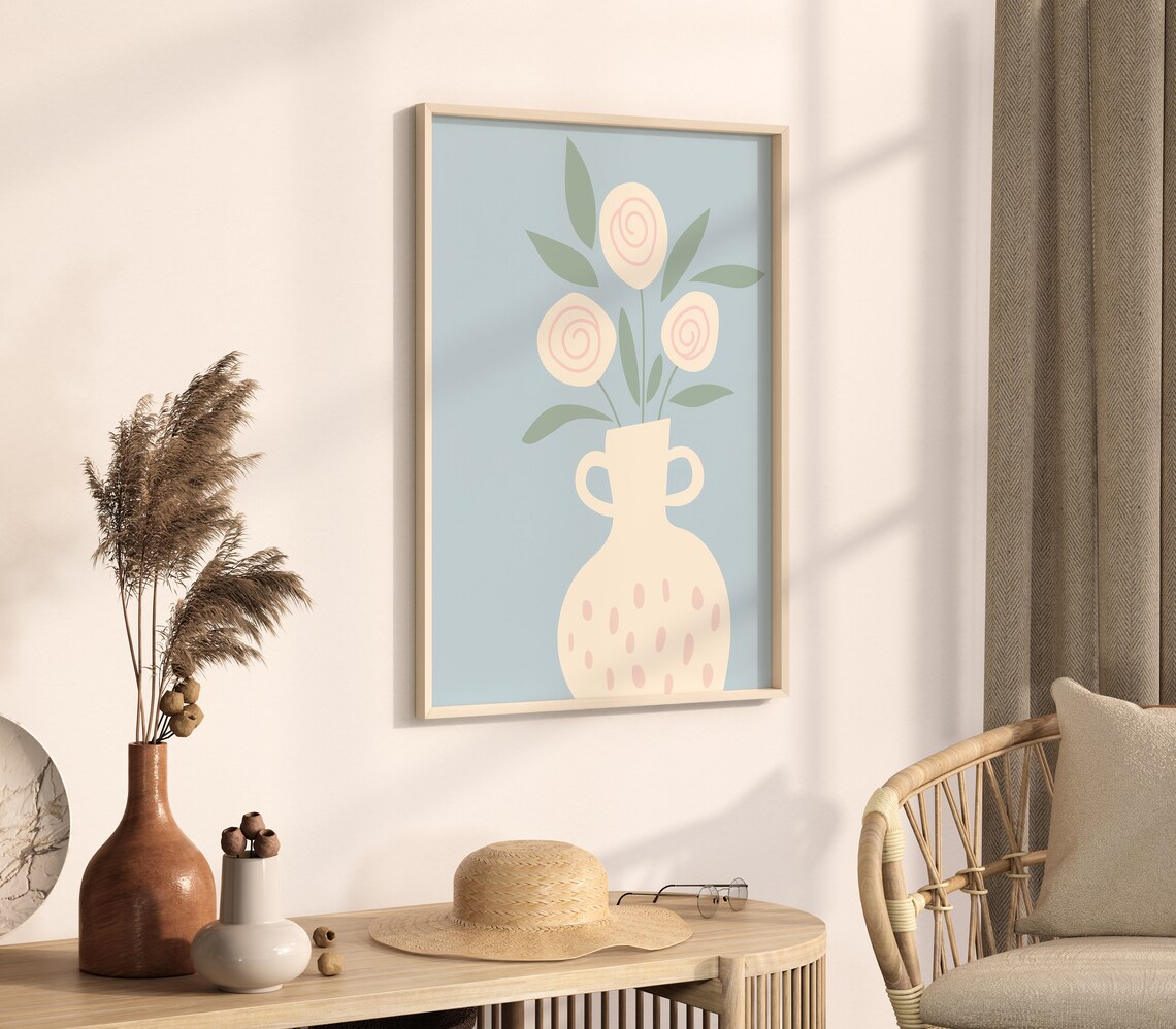 Soft Sky Blue Vase With Swirl Flowers Boho Floral Art Poster - Image 2