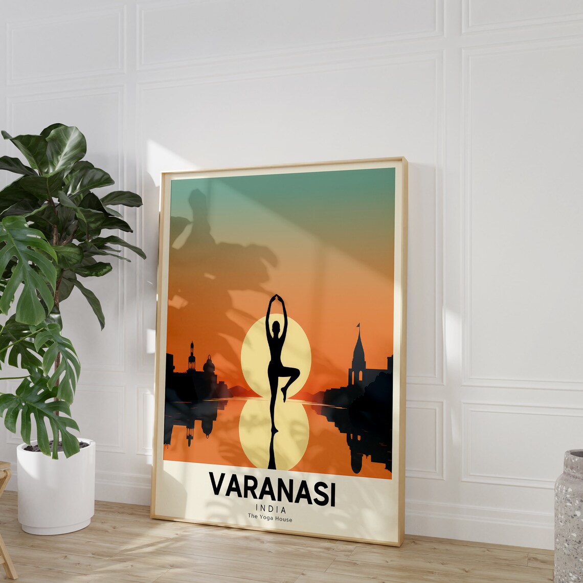 Varanasi India Retro Yoga Retreat Travel Poster Golden Sunset Art - Image 3