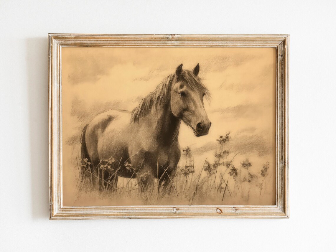 Horse Sepia Sketch Vintage Meadow Rustic Farmhouse Art Poster