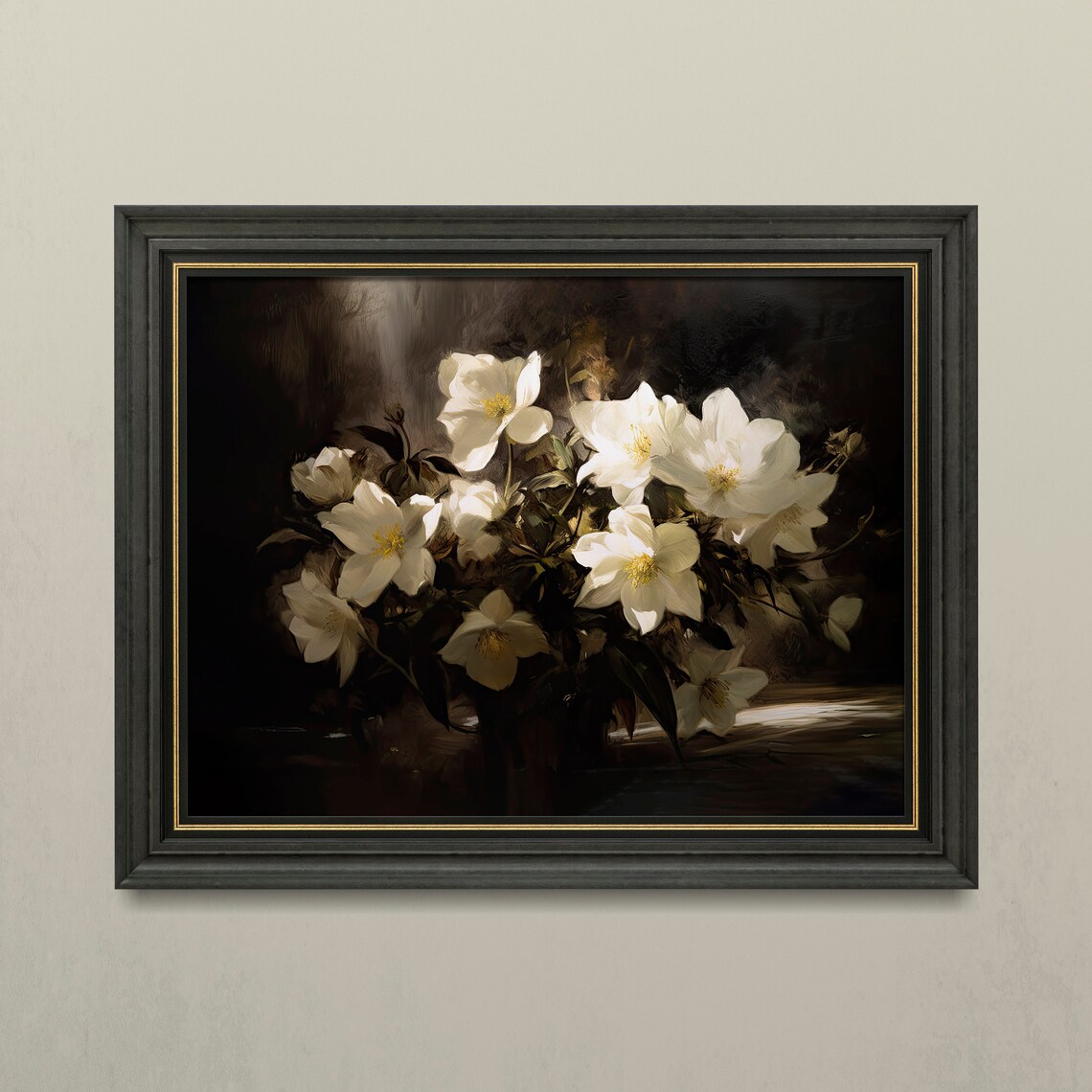 White Blossoms Dark Moody Floral Still Life Oil Painting Poster