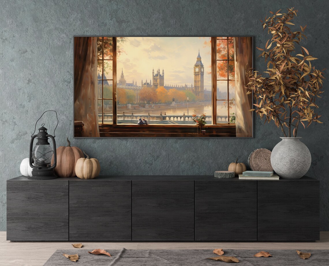 London Big Ben Autumn View Through Open Window Vintage Poster - Image 4