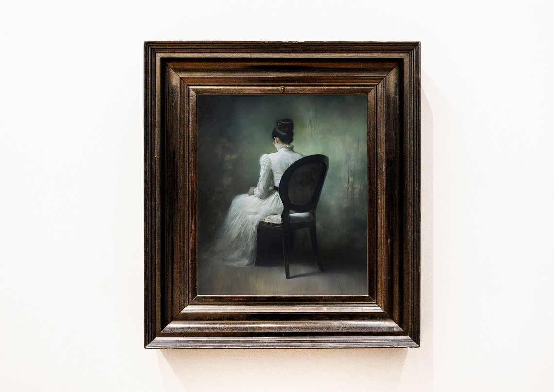 Lonely Woman White Dress Moody Dark Academia Oil Portrait Poster - Image 3