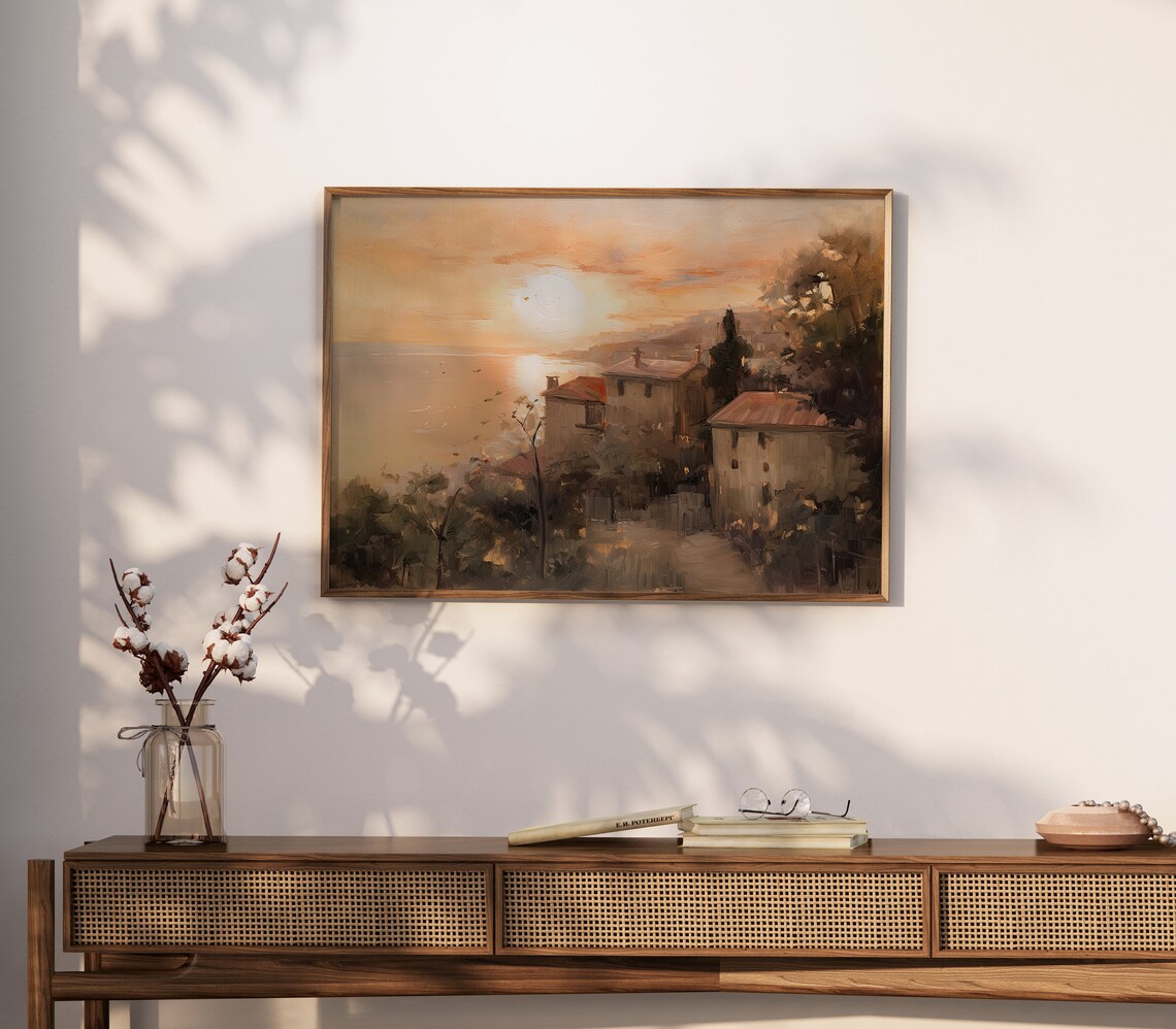 Mediterranean Coast Sunset Seaside Village Golden Hour Art Poster - Image 3