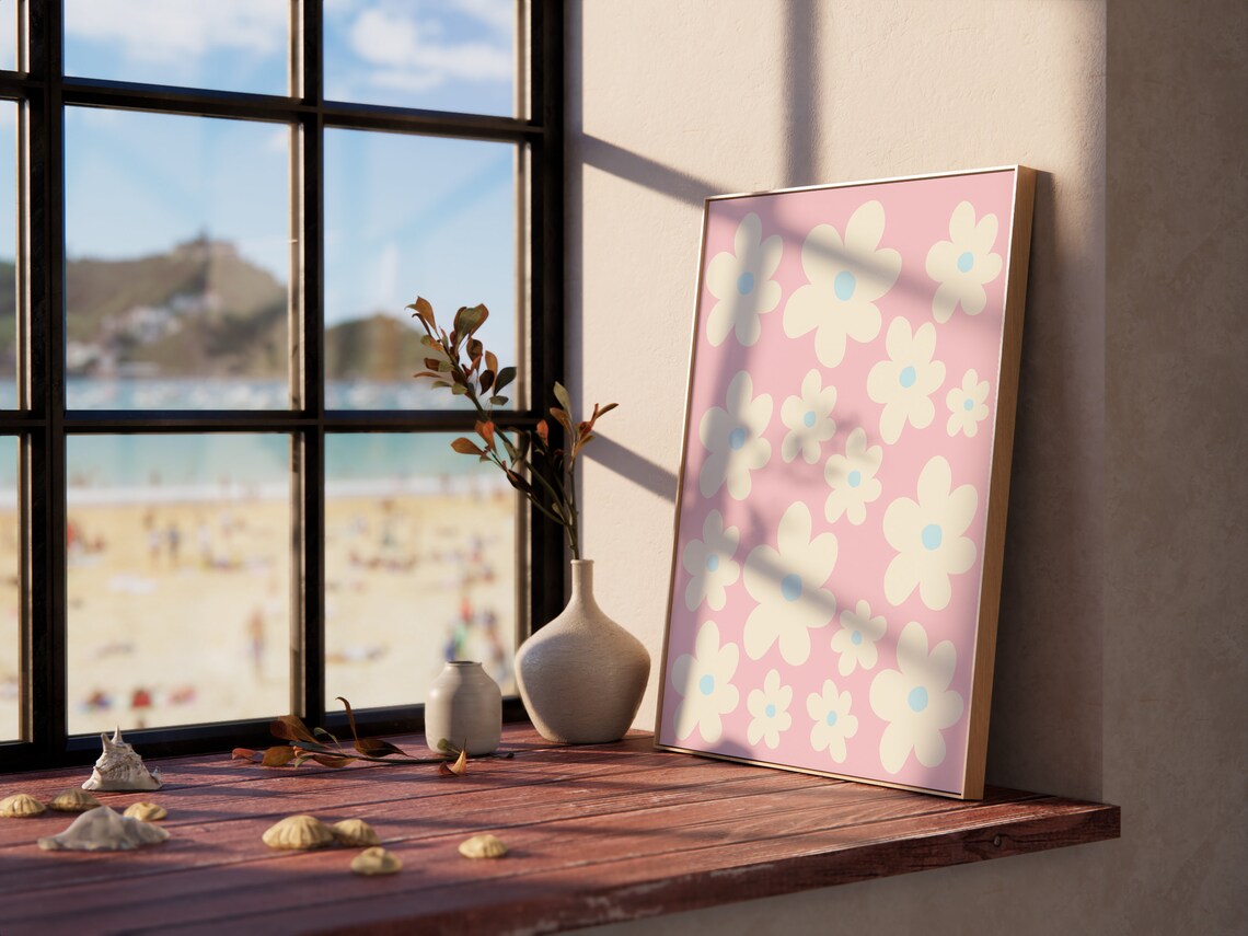Pastel Pink Daisy Floral Pattern Cream Blossom Boho Art Poster - Image 2