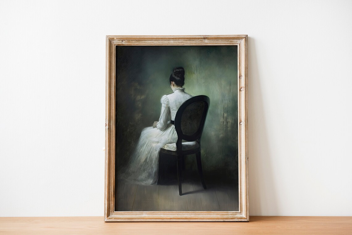 Lonely Woman White Dress Moody Dark Academia Oil Portrait Poster - Image 2