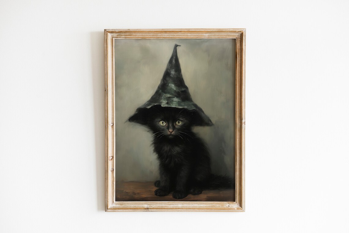 Spooky Black Kitten In Witch Hat Muted Vintage Halloween Poster - Image 2