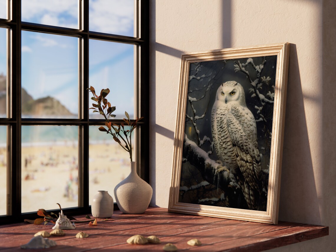 Snowy Owl in Snowy Woods Winter Night Vintage Painting Poster - Image 4