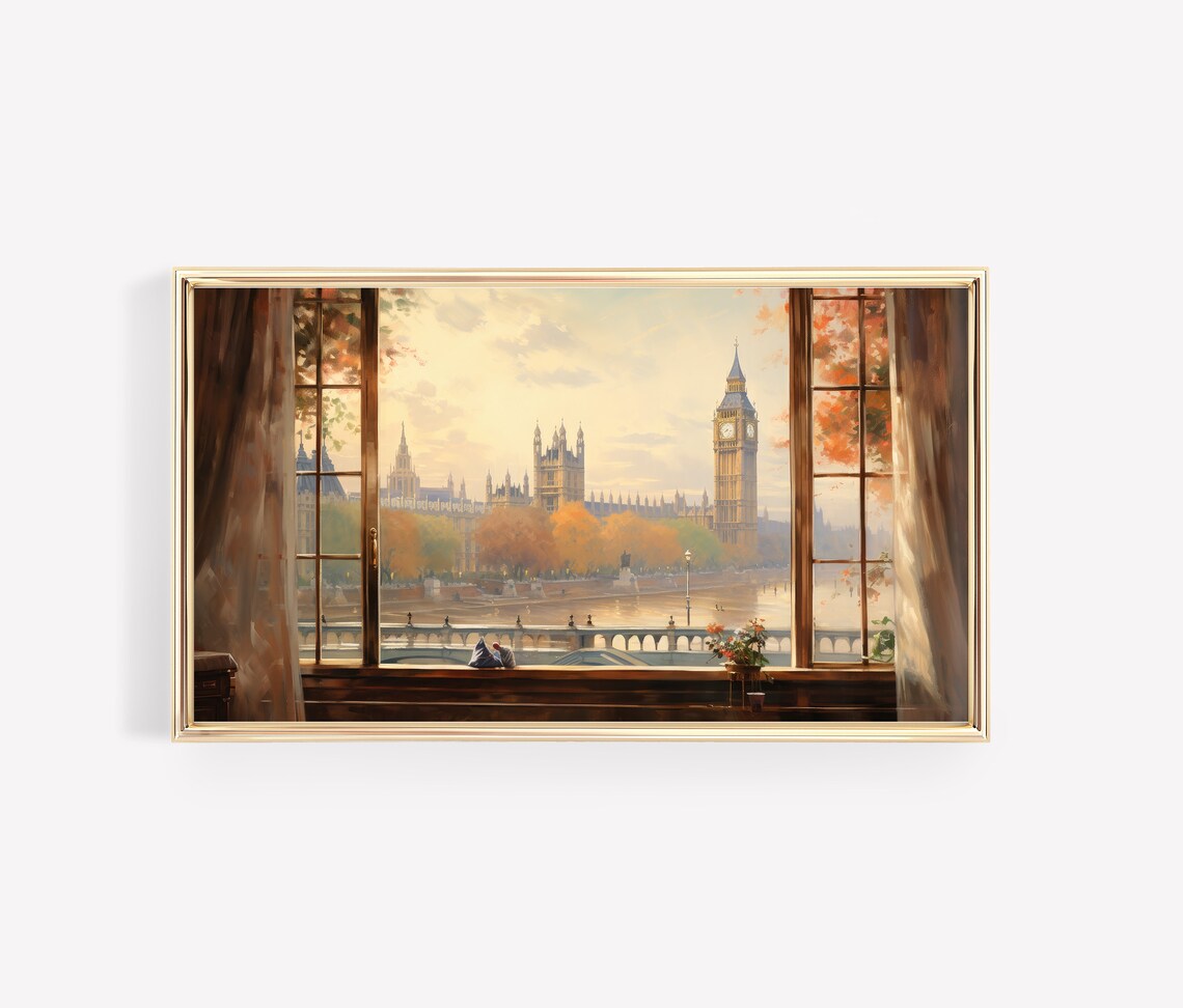 London Big Ben Autumn View Through Open Window Vintage Poster - Image 3