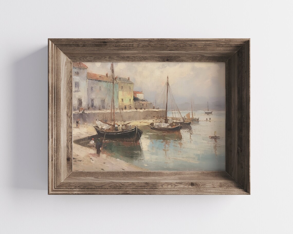 Vintage Old World Coastal Harbor Fishing Boats Oil Painting Poster - Image 2