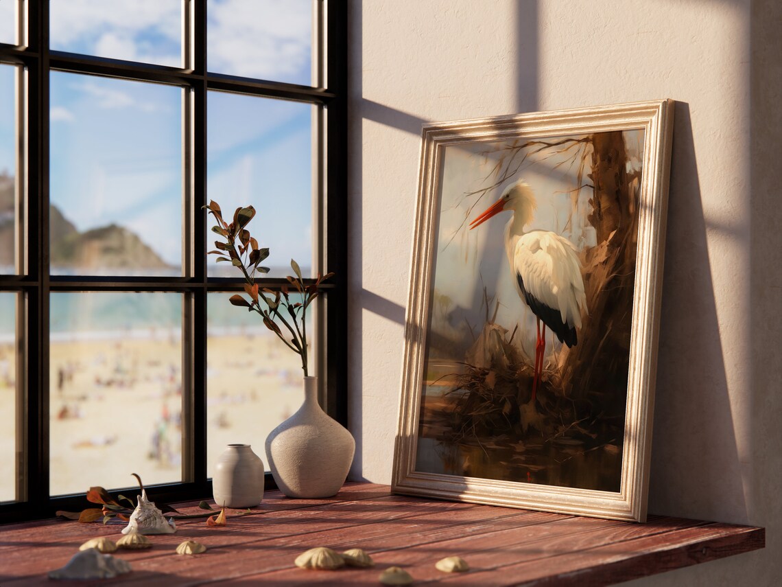 White Stork in Autumn Wetland Vintage Wildlife Painting Poster - Image 4