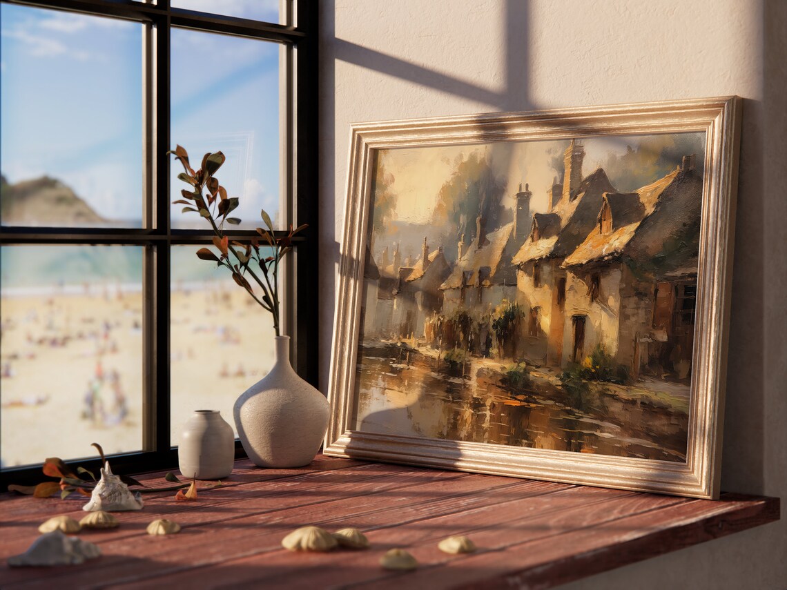 Cotswolds Village Cottages River Golden Hour Vintage Art Print - Image 4