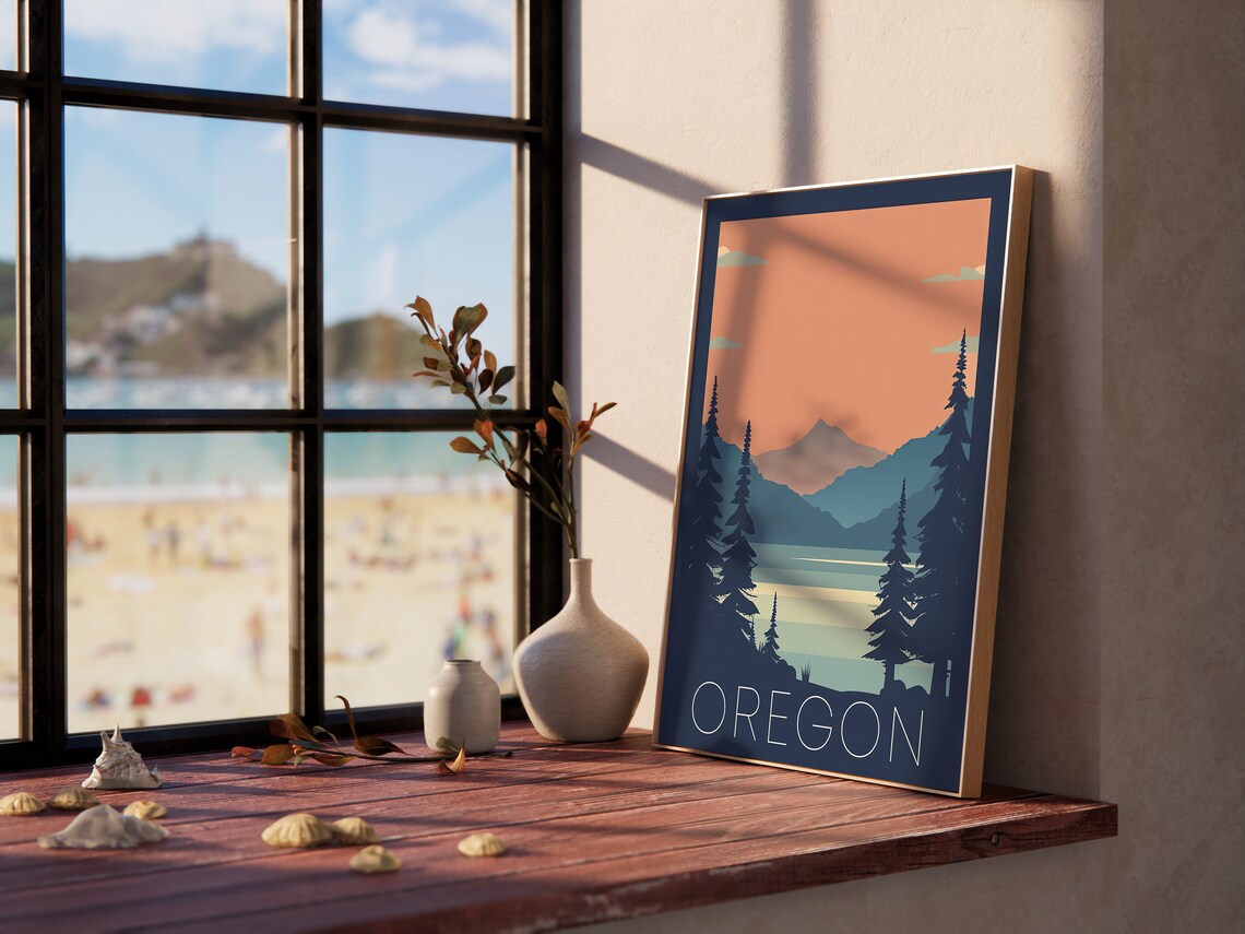 Oregon Retro Mountain Lake Evergreen Forest Sunset Travel Poster - Image 3